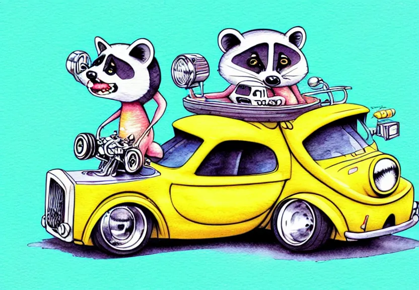 Image similar to cute and funny, racoon riding in a tiny hot rod coupe with oversized engine, ratfink style by ed roth, centered award winning watercolor pen illustration, isometric illustration by chihiro iwasaki, edited by range murata