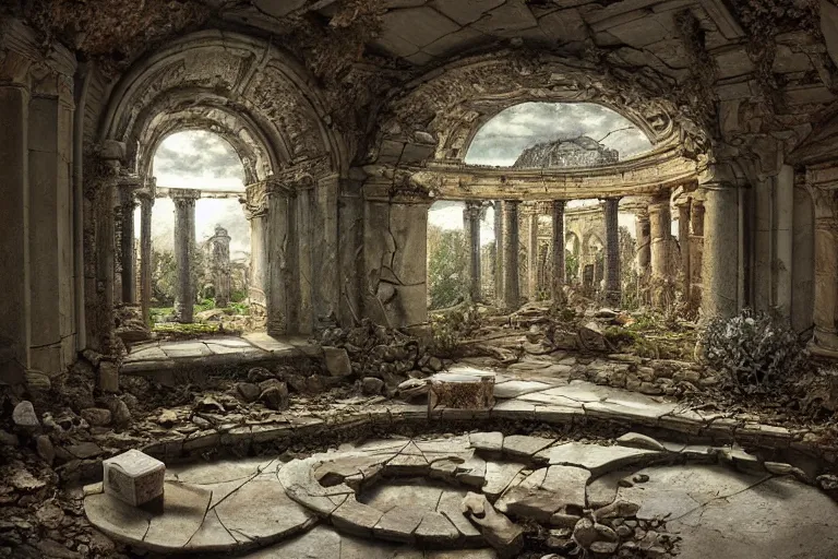 Prompt: a still life of a miniature ruins under an ornate glass dome, by paulette tavormina, extremely detailed, photorealistic, surrealism, dramatic lighting, smooth sharp focus