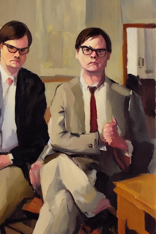 Image similar to portrait painting of dwight schrute and chrles boyle, in the style of albert marquet
