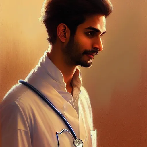 Image similar to Anxious good looking pale young Indian doctors wearing American clothes at the airport, portrait, elegant, intricate, digital painting, artstation, concept art, smooth, sharp focus, illustration, art by artgerm and greg rutkowski and alphonse mucha