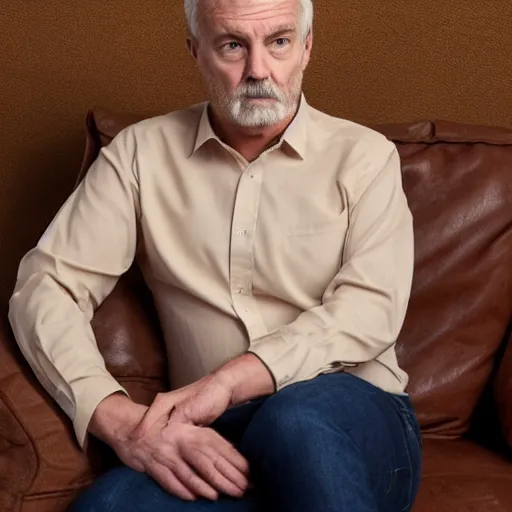 Prompt: full body photo of steve, mature male, mysterious face. he is sitting gracefully on a sofa, elegant slim beige shirt, tight shirt, pumped belly