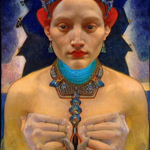 Image similar to the crystal crown, by Annie Swynnerton and Nicholas Roerich and Diego Rivera, bioluminescent skin, elaborate costume, geometric ornament, symbolist, rich color, dramatic cinematic lighting, smooth, sharp focus, extremely detailed