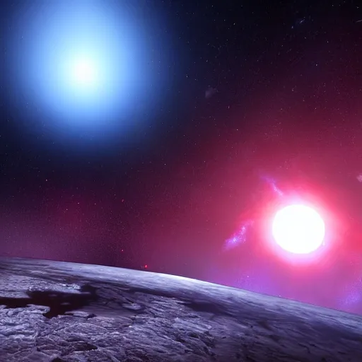 Image similar to The grand ending of an ominous era outside an exoplanet in space with a clear view of a spiral galaxy in splashes of red, purple and dark blue in unreal engine S- 69