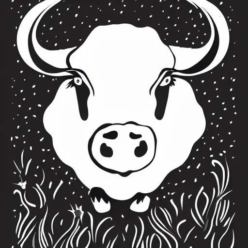 Image similar to antichrist, cow, pig, sheep, chicken, white on black vector ink drawing