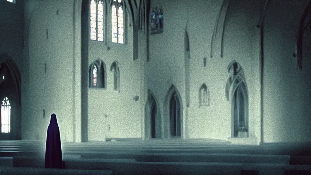 Prompt: an iridescent ghost standing still inside a church, film still from the movie directed by Denis Villeneuve with art direction by Zdzisław Beksiński, wide lens