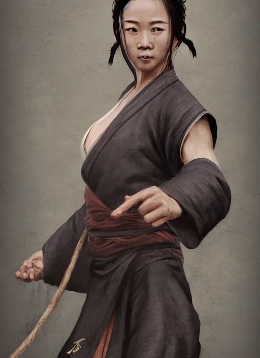 Image similar to portrait of a female drunken master monk exercising by wlop, wuxia, xianxia, drunken boxing, drunken master, weathered dark skin, athletic, playful, beautiful, fully clothed, monk's robe, detailed, realistic, anatomically accurate, fantasy illustration, artstation, wlop, hi - res, 4 k.