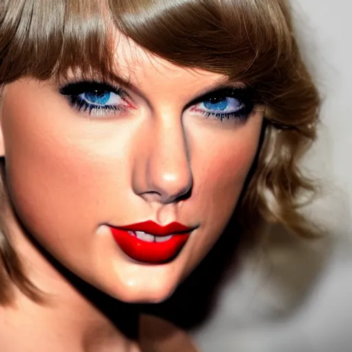 Image similar to Taylor Swift with glowing red eyes, close up, reflection of earth in the iris, hyper detailed, tight focus, headshot