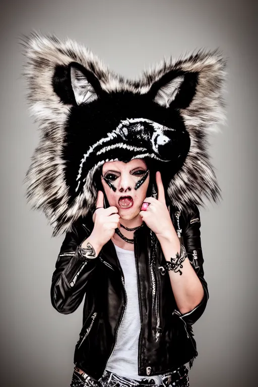 Image similar to professional photographic portrait of a punk girl in a leather jacket wearing a wolf's head over her face, fashion magazine shoot, cool punk with wolf on her head