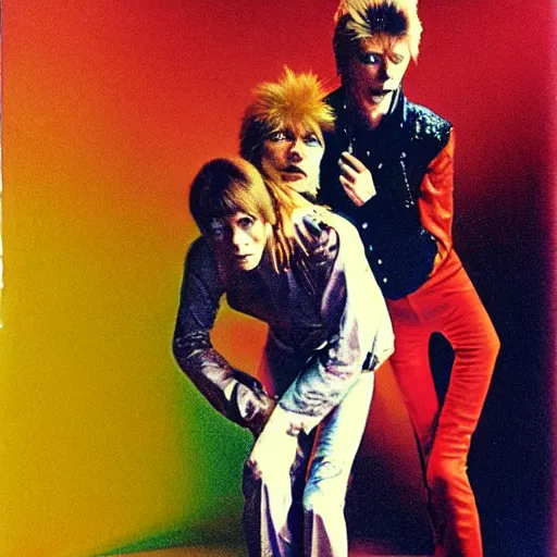 Image similar to david bowie from changes giving a piggy back ride to ziggy stardust. glam rock. by andy warhol