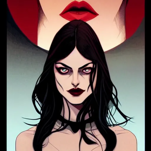 Image similar to Rafeal Albuquerque comic art, Joshua Middleton comic art, pretty female Phoebe Tonkin,l vampire, fully red eyes no pupils sharp vampire teeth evil smile, horror, symmetrical face, symmetrical eyes, pretty white dress, short black hair, full body:: snow outside::