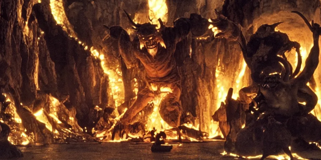 Prompt: A full color still from a Stanley Kubrick film featuring a Balrog in Moria, practical effects, 35mm, 1975