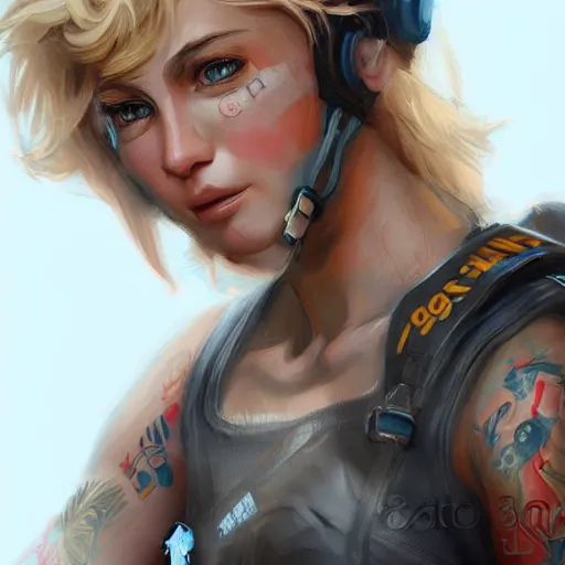 Image similar to tattooed dirty stoic butch heroic emotionless blonde woman kubernetes engineer in tattered dirty flight suit, very short messy hair, highly detailed, digital painting, artstation, concept art, matte, sharp focus, illustration, art by artgerm
