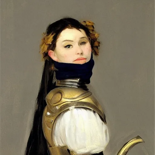 Prompt: a beautiful matte painting of a portrait of a female knight in fantasy armor, art by edouard manet, trending on artstation
