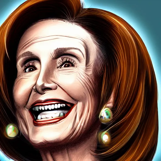 Prompt: nancy pelosi laughing while holding a giant bag filled with money, trending on artstation, detailed illustration