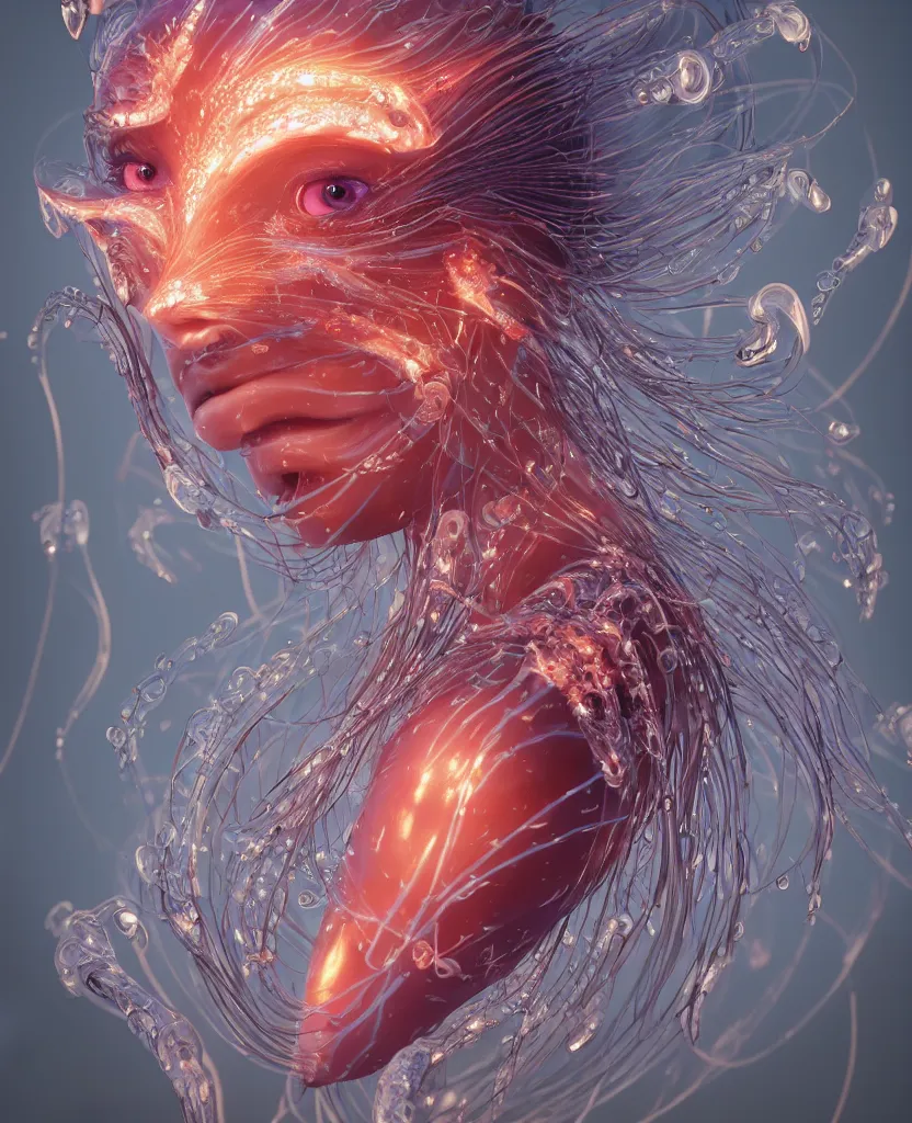 Image similar to close-up macro portrait of the face of a beautiful princess, epic angle and pose, symmetrical artwork, 3d with depth of field, blurred background, cybernetic jellyfish female face skull phoenix bird, translucent, nautilus, energy flows of water and fire. a highly detailed epic cinematic concept art CG render. made in Maya, Blender and Photoshop, octane render, excellent composition, cinematic dystopian brutalist atmosphere, dynamic dramatic cinematic lighting, aesthetic, very inspirational, arthouse. y Greg Rutkowski, Ilya Kuvshinov, WLOP, Stanley Artgerm Lau, Ruan Jia and Fenghua Zhong