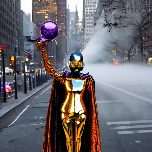 Image similar to nyc street photo, a futuristic android with limbs made out of stretchy rubber tubing mixed with shiny colorful giant intricate detailed chrome gauntlets and chest piece and discoball mask, wearing a long purple velvet cape, talking on a payphone, fog and mist