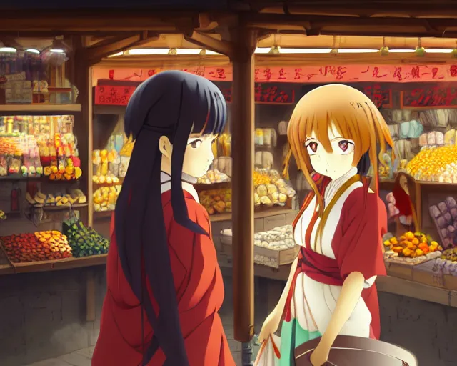 Image similar to anime visual, portrait of a young female traveler in an open medieval market shopping, cute face by katsura masakazu, yoh yoshinari, cinematic luts, cold studio lighting, dynamic pose, dynamic perspective, strong silhouette, anime cels, kyoto animation, cel shaded, rounded eyes