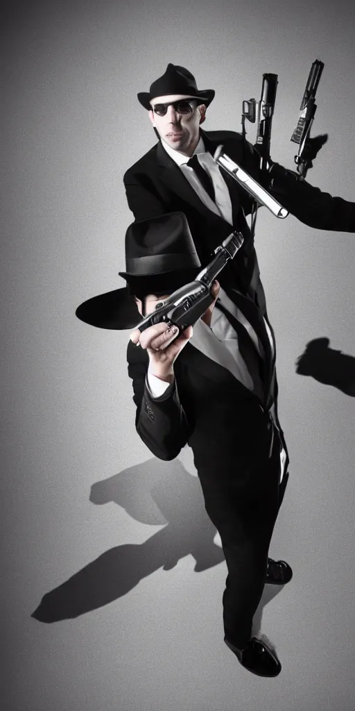 Image similar to serious looking man in a black suit and black fedora hat. he has a big silver gun, 4 k, atmospheric, epic scene, strong shadows, high contrast