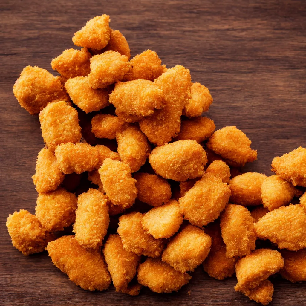 Prompt: close-up view of chicken nuggets on top of a wooden table, 8k, high detail, photorealistic, proper shading