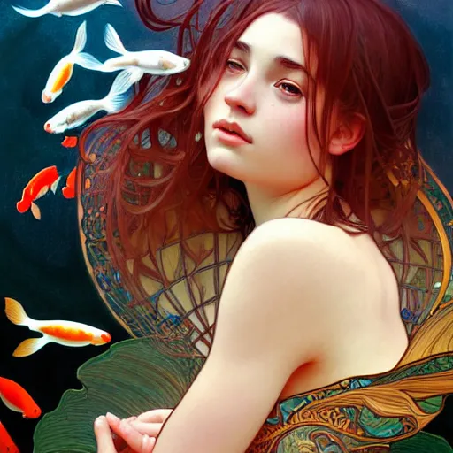 Image similar to Portrait of a girl surrounded by Koi fish, face, fantasy, intricate, elegant, highly detailed, digital painting, artstation, concept art, smooth, sharp focus, illustration, art by Tahir Tanis and Artem Demura and alphonse mucha