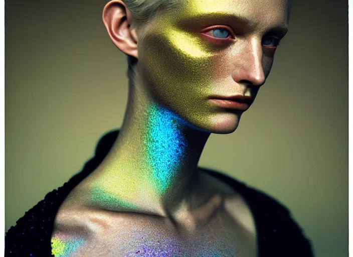 Image similar to Kodak Portra 400, 8K, soft light, volumetric lighting, highly detailed, britt marling style 3/4 , fine art portrait photography by Paolo Roversi, face and body merging with iridescent beetle, symbolic metamorphosis complex 3d render , 150 mm lens, art nouveau fashion embroidered,bust with intricate fractal details, elegant, hyper realistic, ultra detailed, octane render, underwater soft colours, emotionally evoking, head in focus, fantasy, elegant, soft blur background, volumetric lighting, highly detailed, Refined, Highly Detailed, soft lighting colors scheme, fine art photography, Hyper realistic, photo realistic