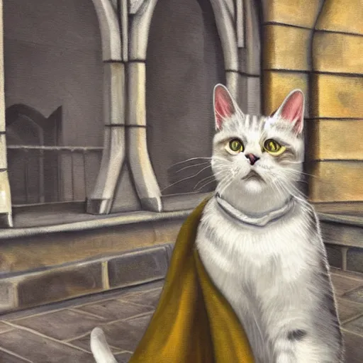 Image similar to oil painting extreme wide shot of a white and grey tabby cat wearing a hufflepuff scarf, in the Gloucester Cathedral cloisters, realistic, in the style of Harry Potter