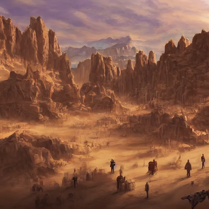 Image similar to old western style city bustling with people in the middle of a sandy flat desert with a single mountain on the very distant horizon. magic the gathering art, digital media