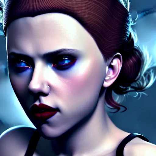 Image similar to cute vampire scarlett johansson, ultra realistic, concept art, intricate details, dark vibe, highly detailed, photorealistic, octane render, 8 k, unreal engine,