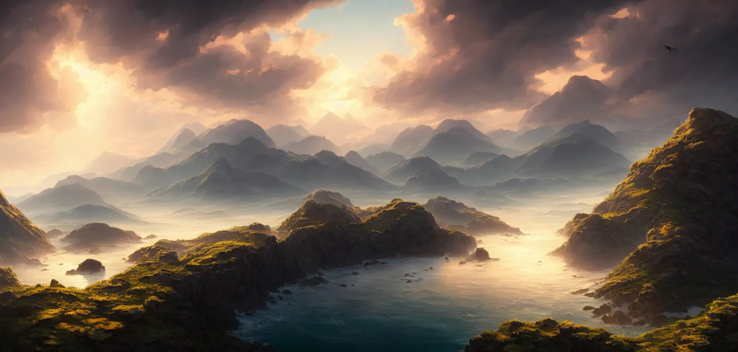 Image similar to nature landscape, aerial view, drone photography, cinematic, mountains and ocean, cinematic view, epic sky, detailed, concept art, low angle, high detail, warm lighting, volumetric, godrays, vivid, beautiful, trending on artstation, by jordan grimmer, huge scene, art greg rutkowski