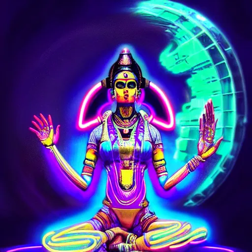 Image similar to Futuristic Cyberpunk laxmi Indian Goddess with Four Hands wearing a spacesuit sitting on a Lotus, sci-fi, neon colors, neon lights, fantasy, intricate, beautiful, elegant, attractive, highly detailed, digital painting, artstation, masterpiece, concept art, smooth, sharp focus, unreal engine 5, WLOP, Octane render, Symmetric, art by artgerm, hajime sorayama, William-Adolphe Bouguereau