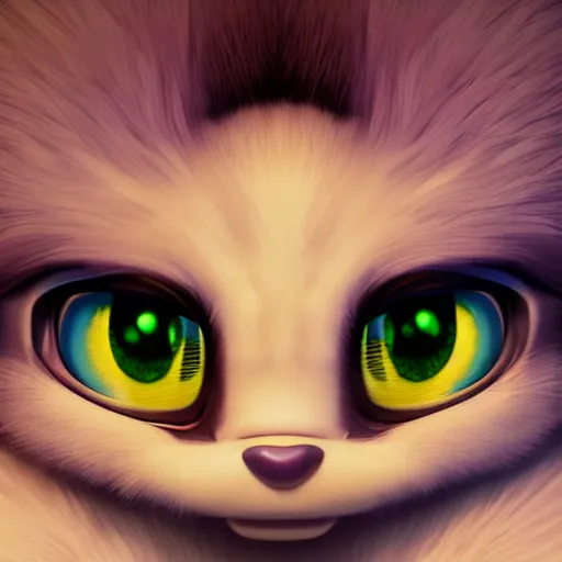 Prompt: close up portrait of a cute fluffy alien with huge reflective eyes :: fur, lots of fur, fluffy, adorable, cel shading, toon shading, disney, pixar, dreamworks, disney animation style, pixar animation style, dreamworks animation style, muted colors, dull colors, pastel colors, lots of colors, colorful