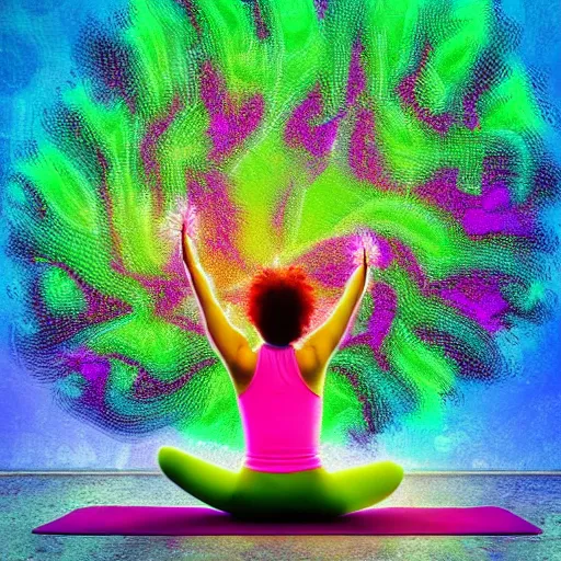 Prompt: a beautiful woman sitting on top of a neon tree doing yoga and smiling. her hair flows as water. the view is bright and happy and colorful. digital art with fractals