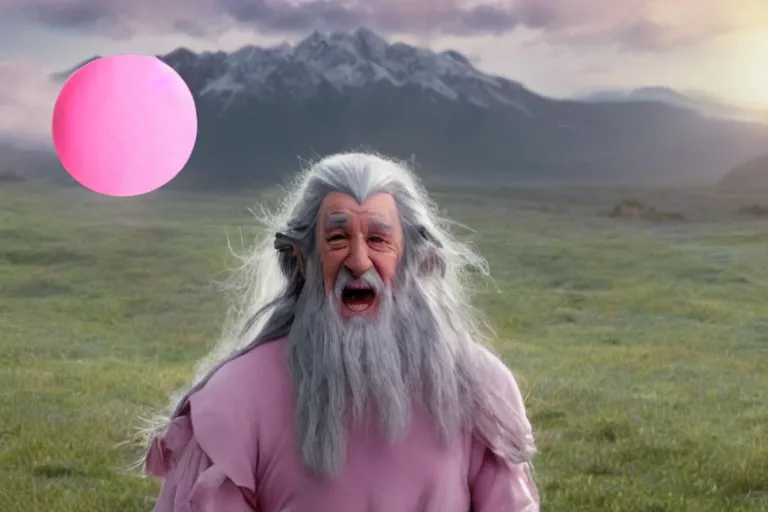 Image similar to portrait of Gandalf wearing pink Hello kitty costume, laughing, sunrise, movie still from Lord of the Rings, cinematic