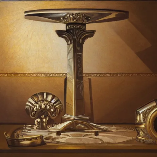 Image similar to in the center lays an ancient chromed artifact in the shape of a heavy signet ring, ornate with gentle iridescent shine from within. the ring lays on top of a pedestal. the pedestal is in front of a dark misty balcony at night. perspective from the side. realistic light and shadows. moody fantasy art, table still life renaissance pastel painting.