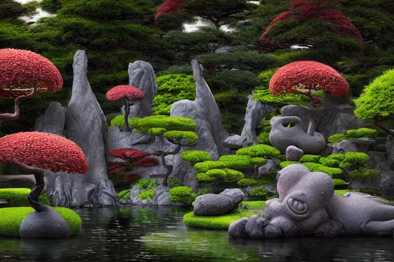 Image similar to beautiful sculptures in a serene japanese garden, part by michaelangelo, part by james jean, part by ross tran, part by jacek yerka, part by leslie zhang, surreal, highly detailed, beautiful detailed intricate insanely detailed octane render trending on artstation, 8 k artistic photography, photorealistic, volumetric cinematic light, chiaroscuro