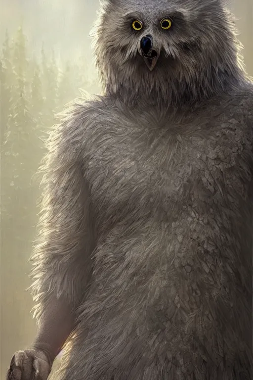 Image similar to a beautiful upper body shot from a fantasy film of a humanoid grey owlbear wearing a loose tunic. an anthropomorphic owlbear. fantasy, frown, intricate, elegant, highly detailed, digital painting, artstation, concept art, matte, sharp focus, illustration, art by artgerm and greg rutkowski and alphonse mucha