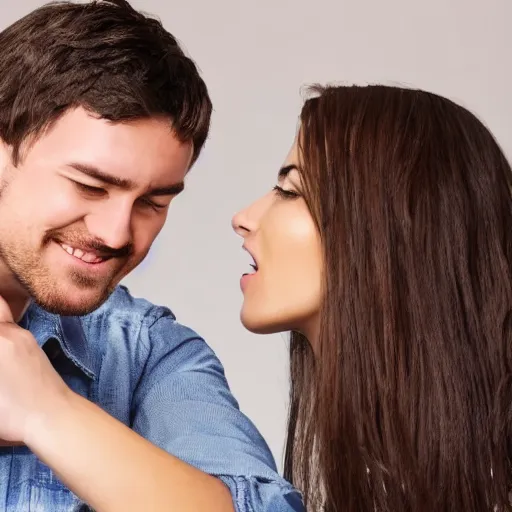 Image similar to a man licking a women's hair, the women's eyes are looking at the man who is to her left.