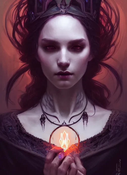 Image similar to Necromancer Sorceress, fantasy magic, undercut hairstyle, dark light night, intricate, elegant, sharp focus, illustration, highly detailed, digital painting, concept art, matte, art by WLOP and Artgerm and Greg Rutkowski and Alphonse Mucha, masterpiece