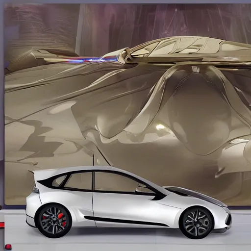 Image similar to sci-fi sport car f1 hatchback transport design zaha hadid organic smooth elastic forms 20% of canvas on the front; background wall structure on the coronation of napoleon painting 30% of canvas; by Jacques-Louis David, pinterest keyshot product render, cloudy plastic ceramic material shiny gloss water reflections, ultra high detail ultra realism, 4k