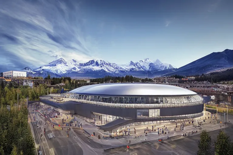 Image similar to architecture photo modern fachwerk footbal field with Elbrus mountain on the background, architecture, photorealism 8k , shining and happy atmosphere, uplight, high details