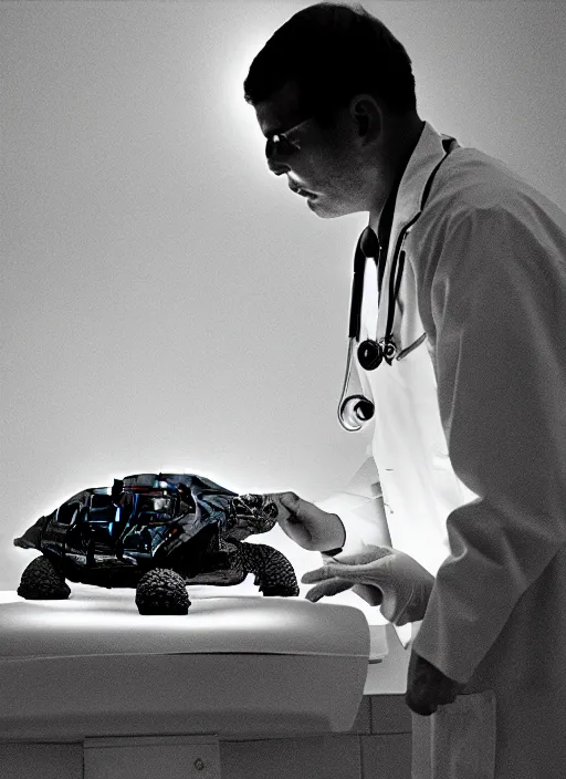 Prompt: doctor examining a small tortoise under bright operating room lights, closeup, 2 4 mm wide angle, technicolor