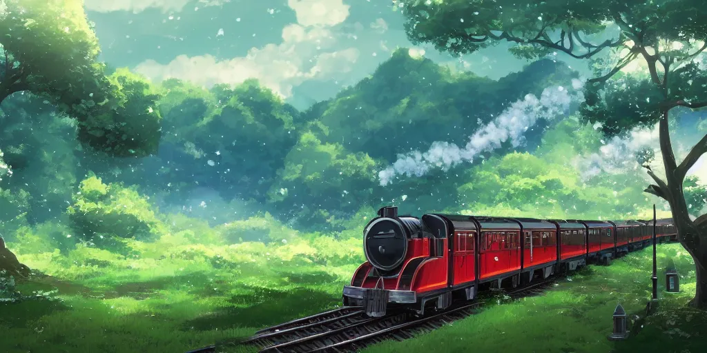 Image similar to A beautiful illustration of beautiful Hogwarts train, castle, leaves, trees, steam, magic, wide angle, by makoto shinkai, Wu daozi, very detailed, deviantart, 8k, wallpaper, tropical, colorful, airy, anime illustration, anime nature wallpap