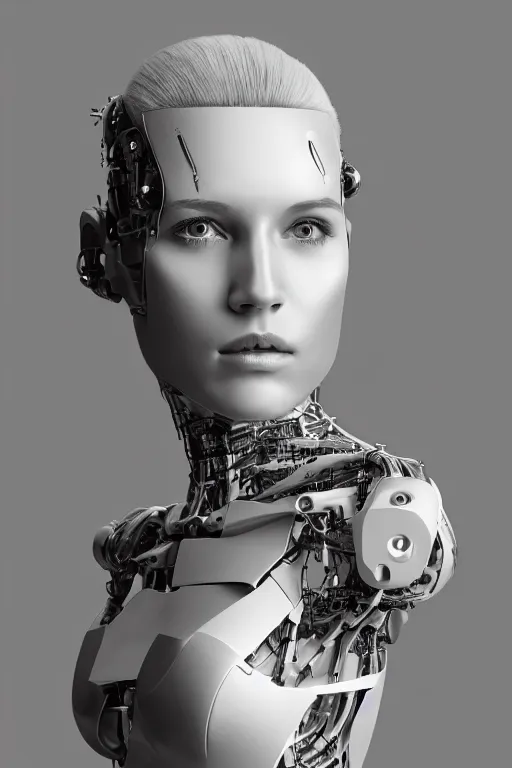 Image similar to robot with human face, female head, full body angle, woman human face, human face realistic, beautiful blonde hair, human head, human head with blonde hair, blonde hair human head, blonde hair, human realistic face, human head skin, cyborg frame concept, cyborg by ales-kotnik, sci-fi android female, the body is made of wires, robotic body, cyborg body, cyborg bust body, robot body cyborg, full body