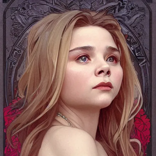 Image similar to beautiful lifelike award winning pencil illustration of chloe grace moretz trending on art station artgerm greg rutkowski alphonse mucha museum quality cinematic atmospheric