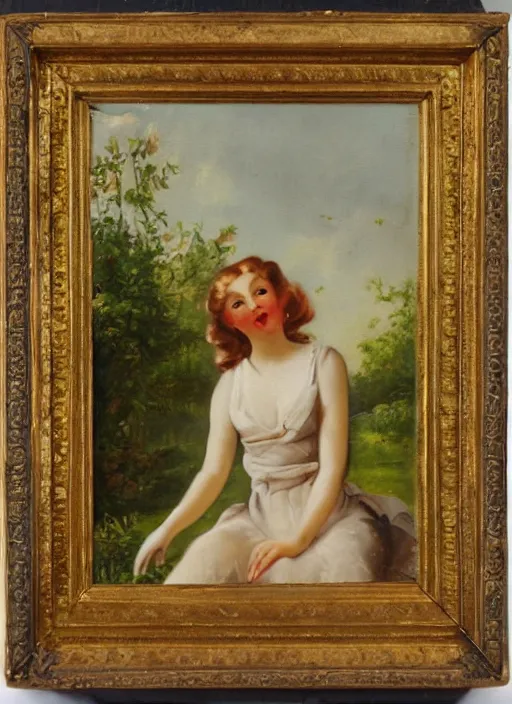 Prompt: a professional vintage painting of a beautiful young woman in a garden collecting pears