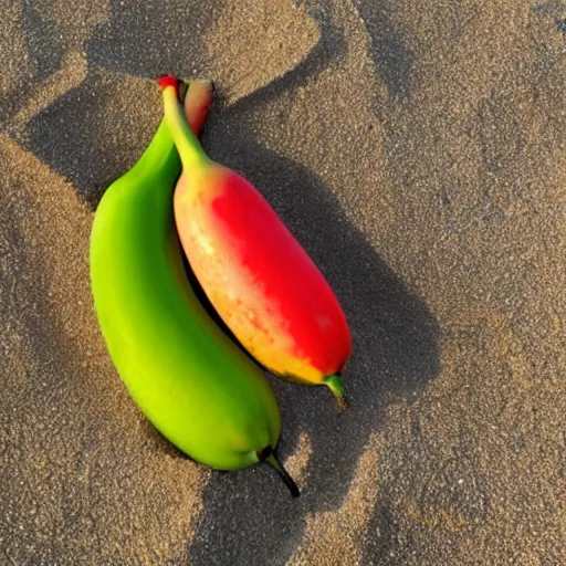 Prompt: red orange kissing green banana on a beach in new mixico