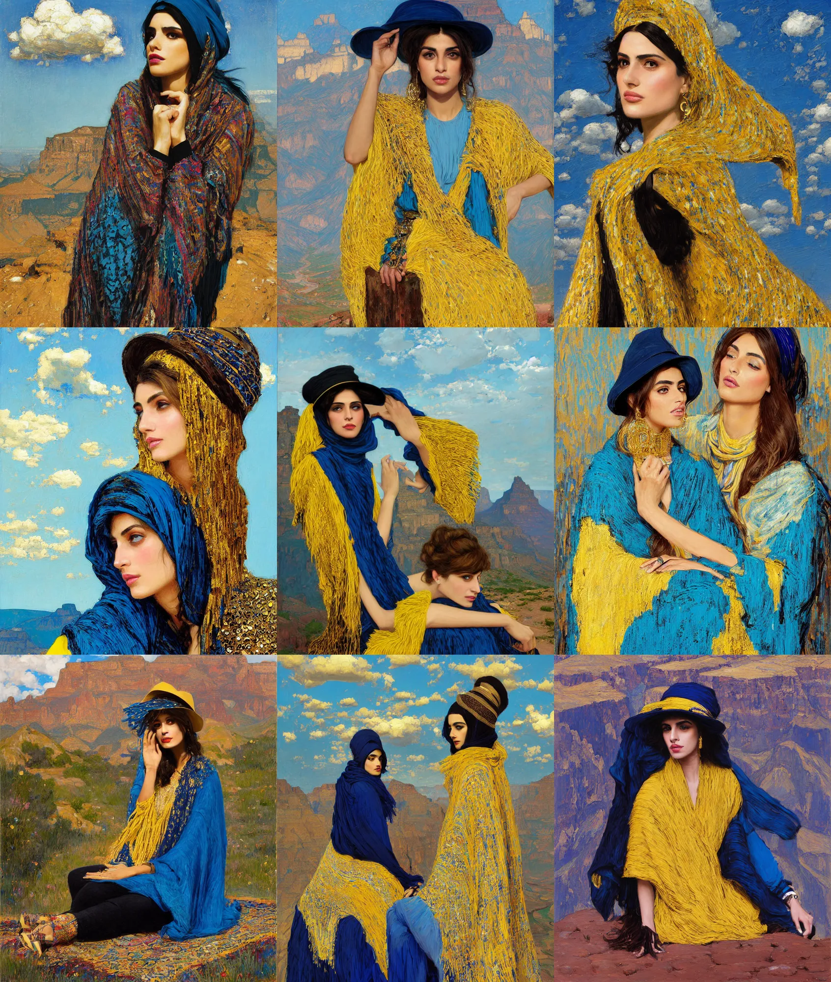 Prompt: portrait of fashionable young iranian woman wearing rich jewerly hat and deep blue and yellow cyan boho poncho with gold texture, in elegant decollete, sitting dynamic pose, Low poly, thunder clouds in the sky, grand canyon, artwork by john william waterhouse and Denis Sarazhin and klimt and rhads and Dean Ellis and Detmold Charles Maurice, levitation, industrial rusty pipes, simple form, brutal shapes