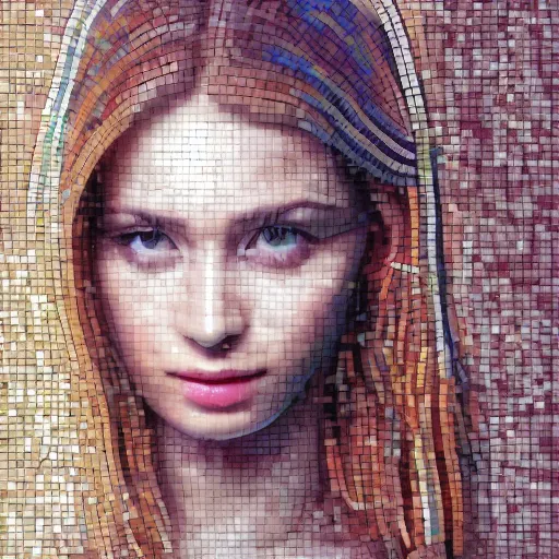 Image similar to mosaic portrait of a beautiful cute girl with robot ears by Saimir Strati, 4k, intricate details, digital, water