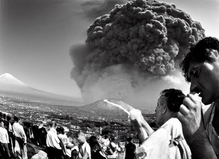 Image similar to quality old photo of average greeks drink wine and have fun against the backdrop of mount vesuvius starting to erupt by sebastian salgado, fisheye 4, 5 mm, diffused backlight