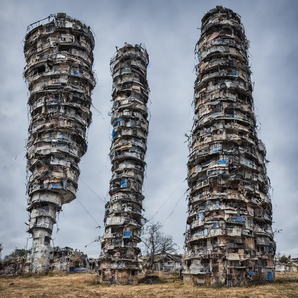 Prompt: a circular tower, made up of makeshift squatter shacks, dystopia, sony a 7 r 3, f 1 1, fully frontal view, photographed by jeanette hagglund